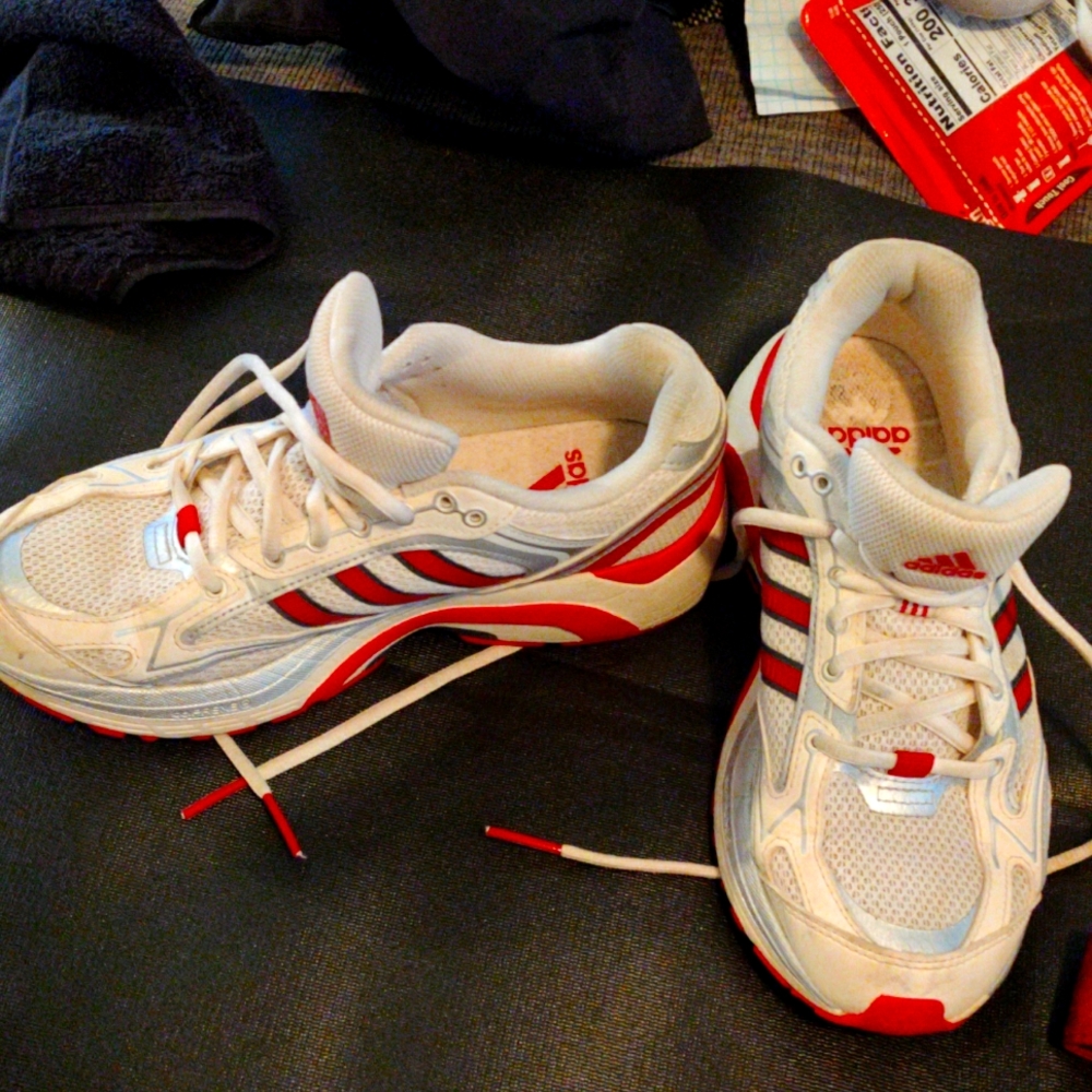 Adidas red & white athletic shoes